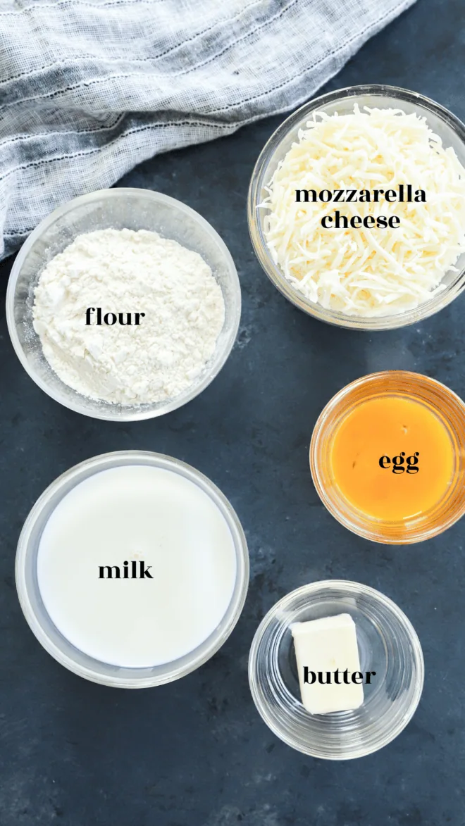 ingredients for cheese croquettes with text labels