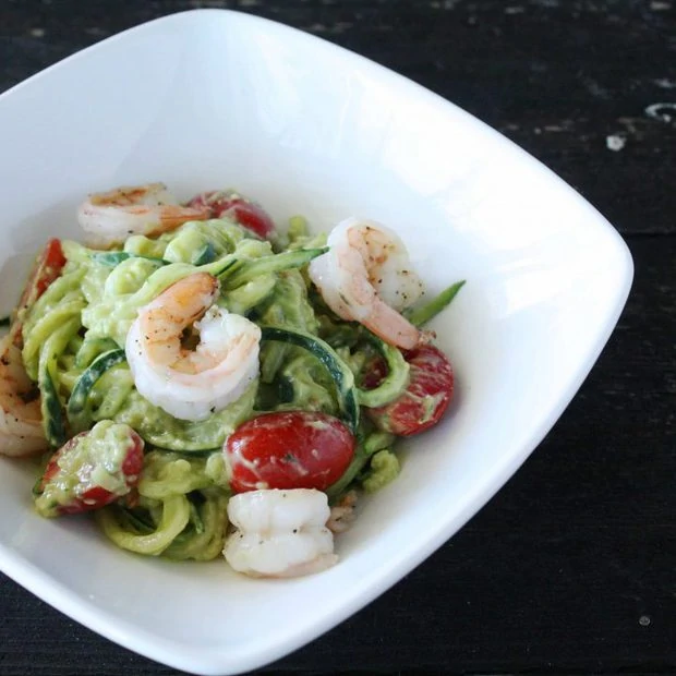 Zucchini Noodles with Avocado Pesto & Shrimp