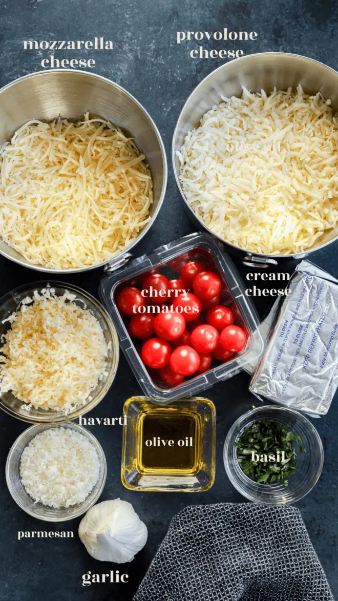 ingredients in bowls with text labels for four cheese pizza dip