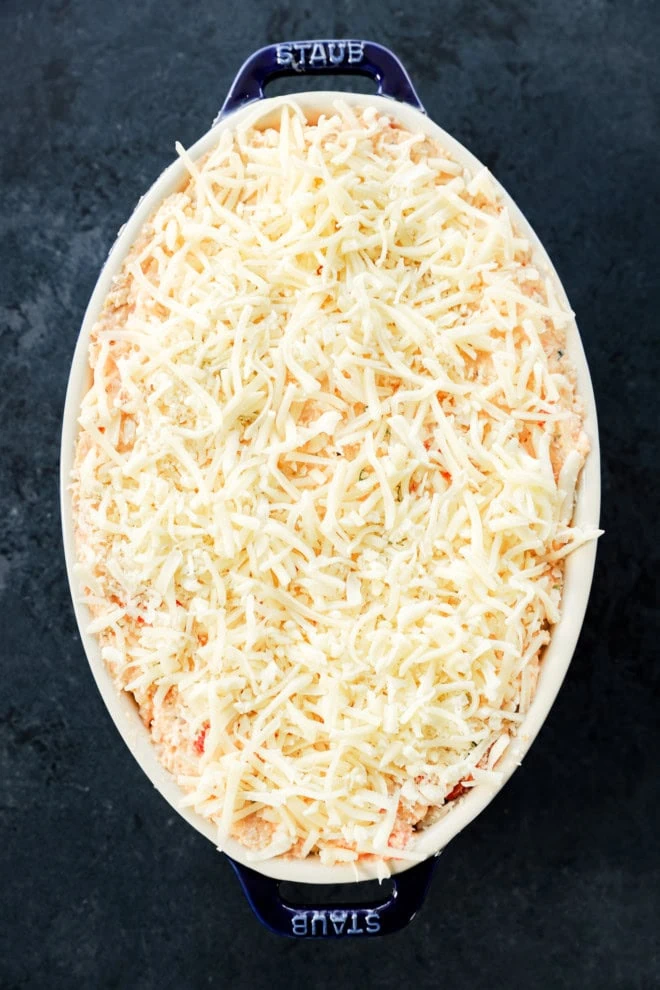 four cheese pizza dip recipe in dish before baking