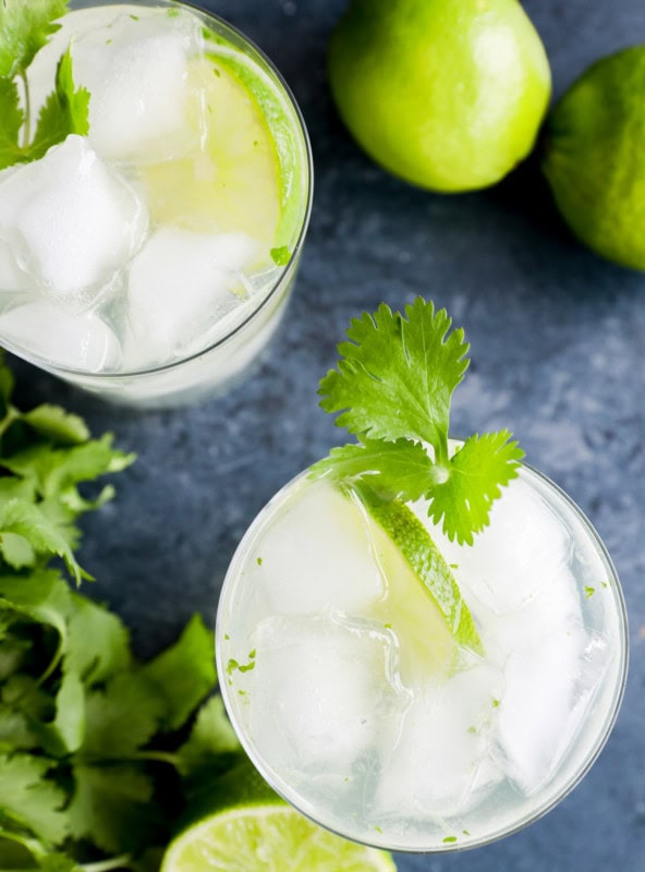 cilantro gin tonic recipe in glasses with limes and cilantro