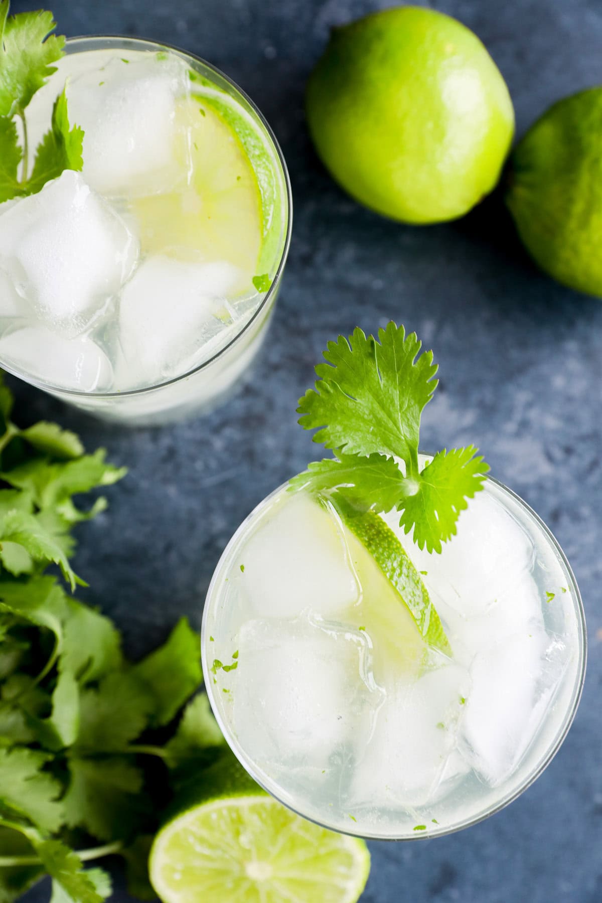 cilantro gin tonic recipe in glasses with limes and cilantro