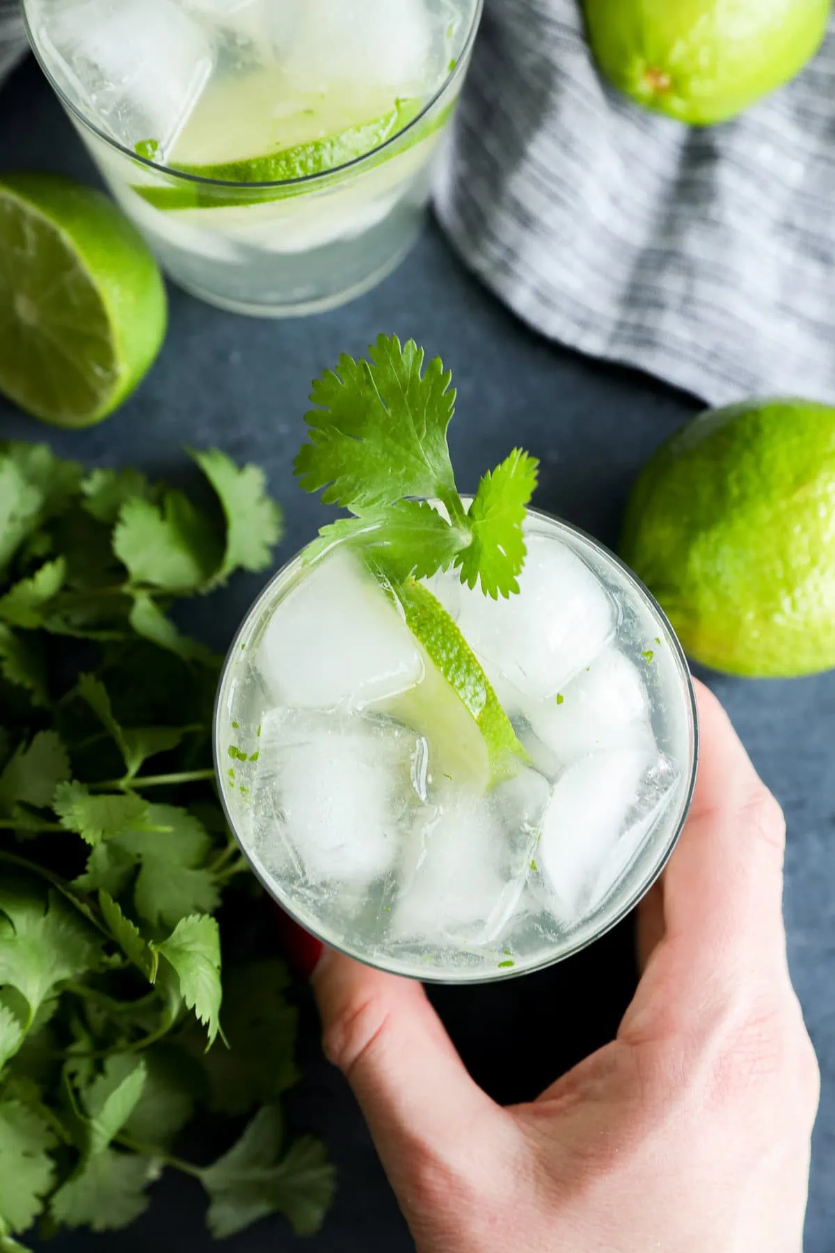 hand holding a cocktail with cilantro and lime