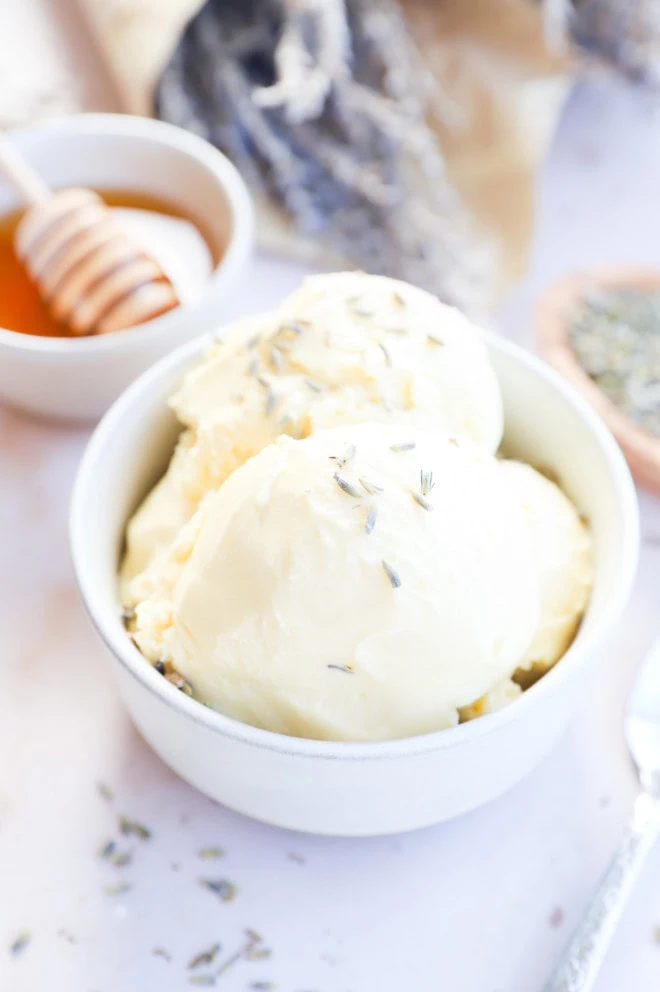 lavender honey ice cream in a bowl