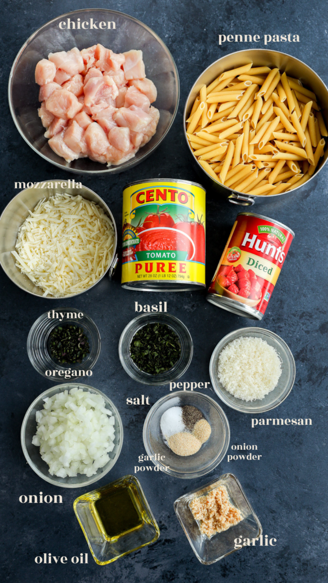 ingredients for chicken parmesan pasta skillet