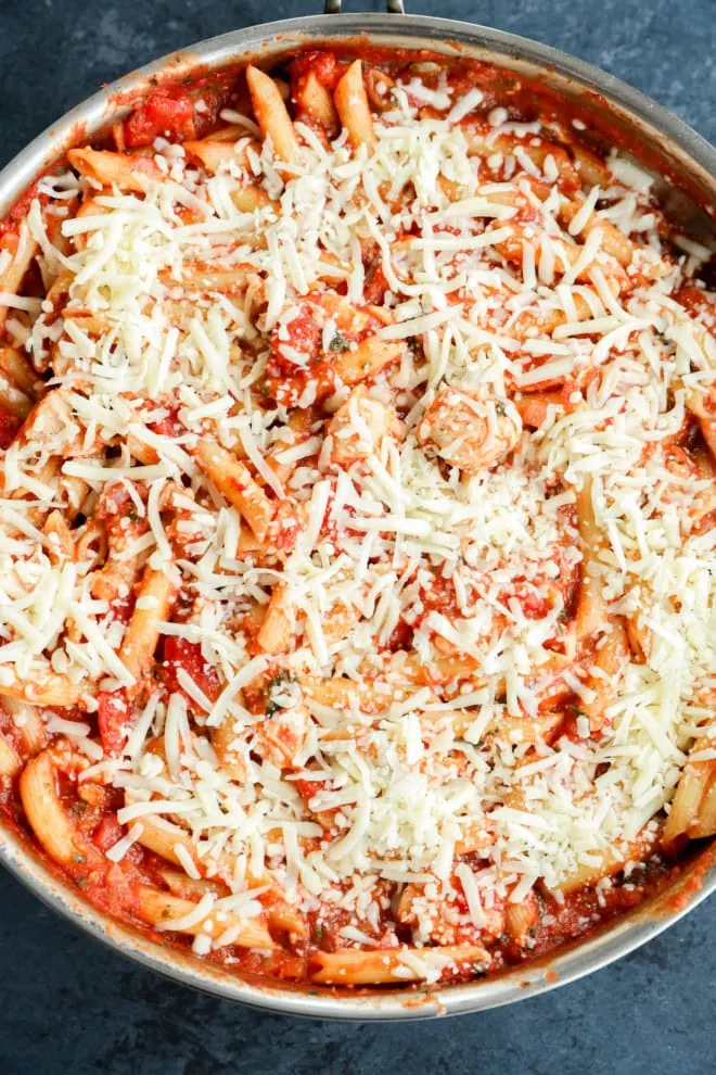 chicken parmesan pasta skillet before baking