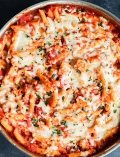 chicken parmesan pasta skillet after baking in the skillet