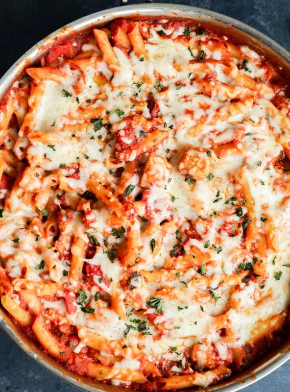 chicken parmesan pasta skillet after baking in the skillet