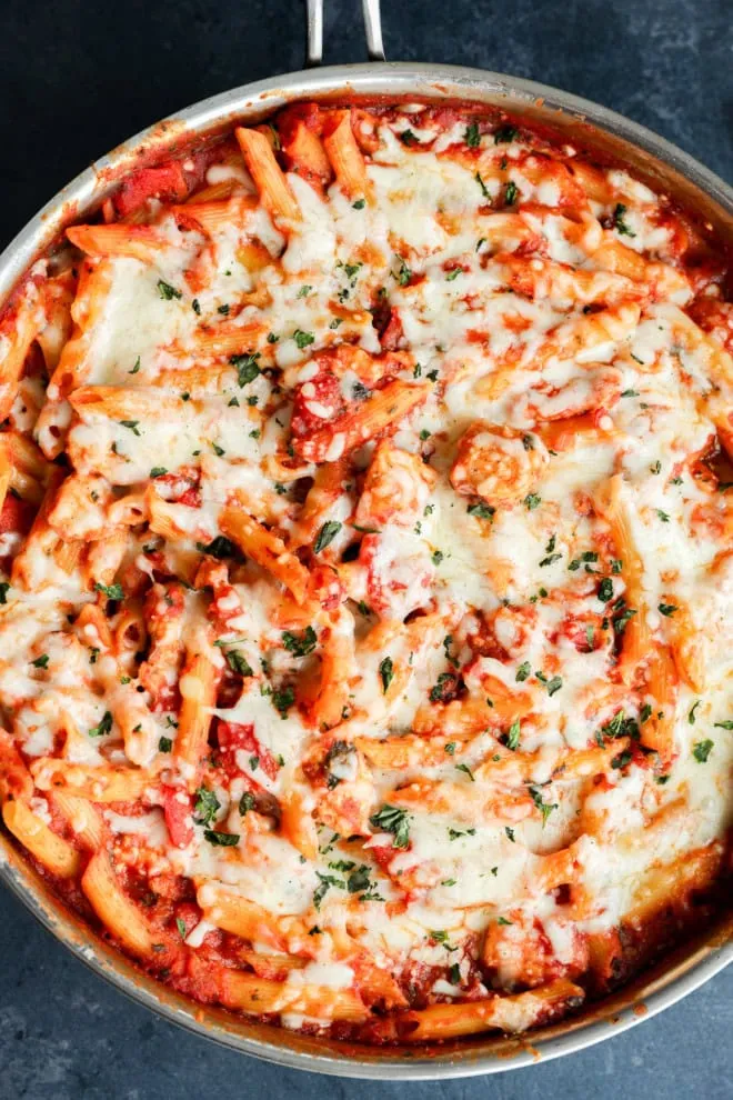 chicken parmesan pasta skillet after baking in the skillet