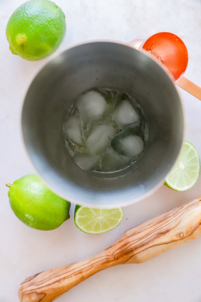 caipirinha in cocktail shaker after being shaken