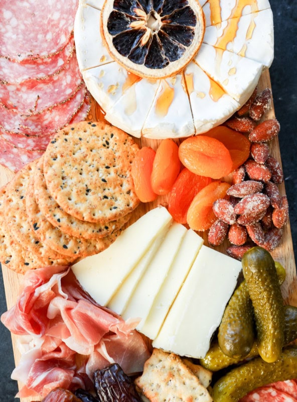 brie with hot honey and other cheeses, meats, and extras