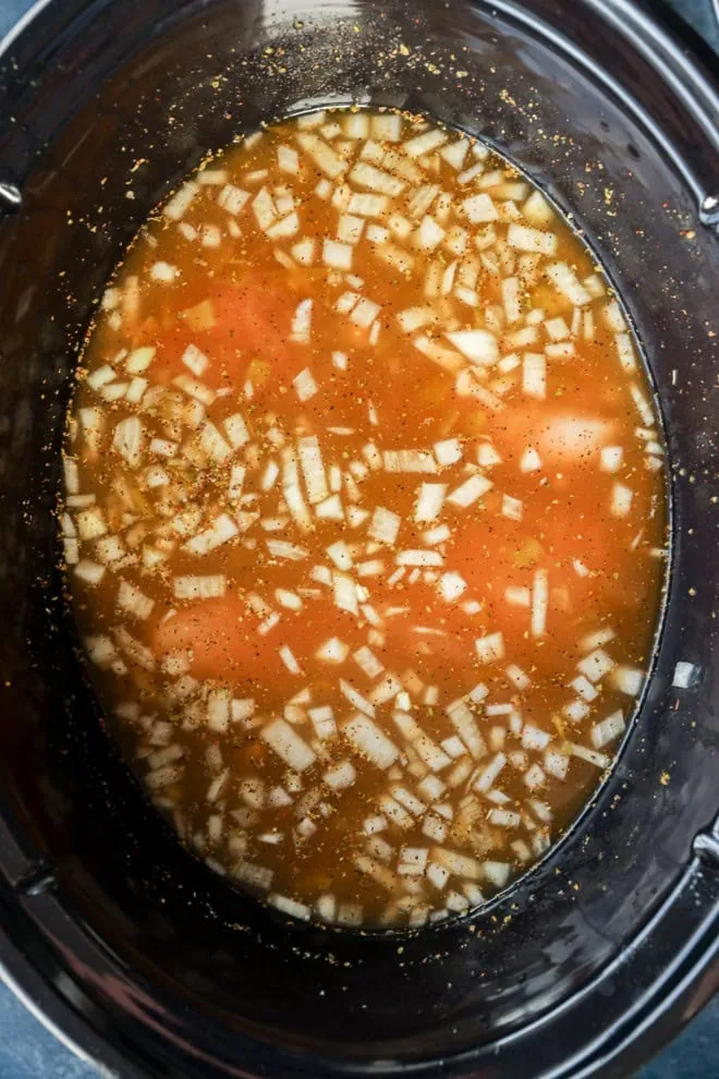 white chili in slow cooker before cooking