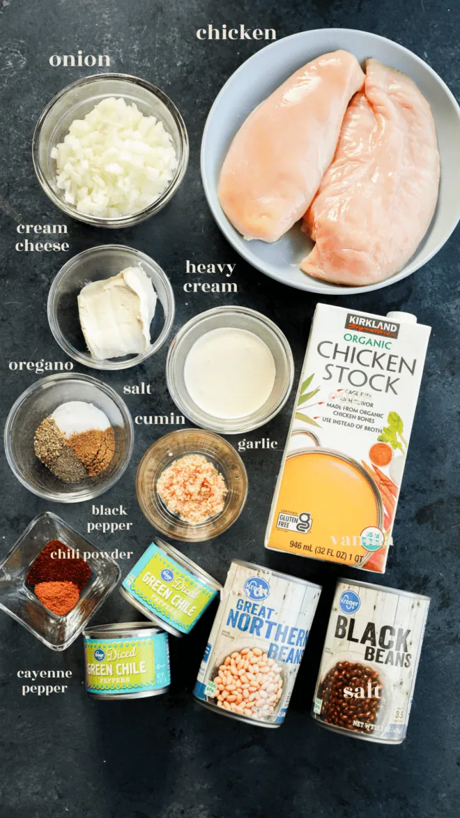 Slow cooker white chicken chili ingredients in bowls with text labels