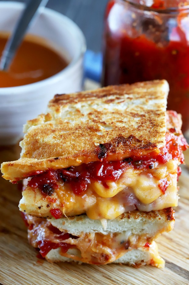 Inverted French Baguette Grilled Cheese with Tomato Jam - Cake 'n Knife