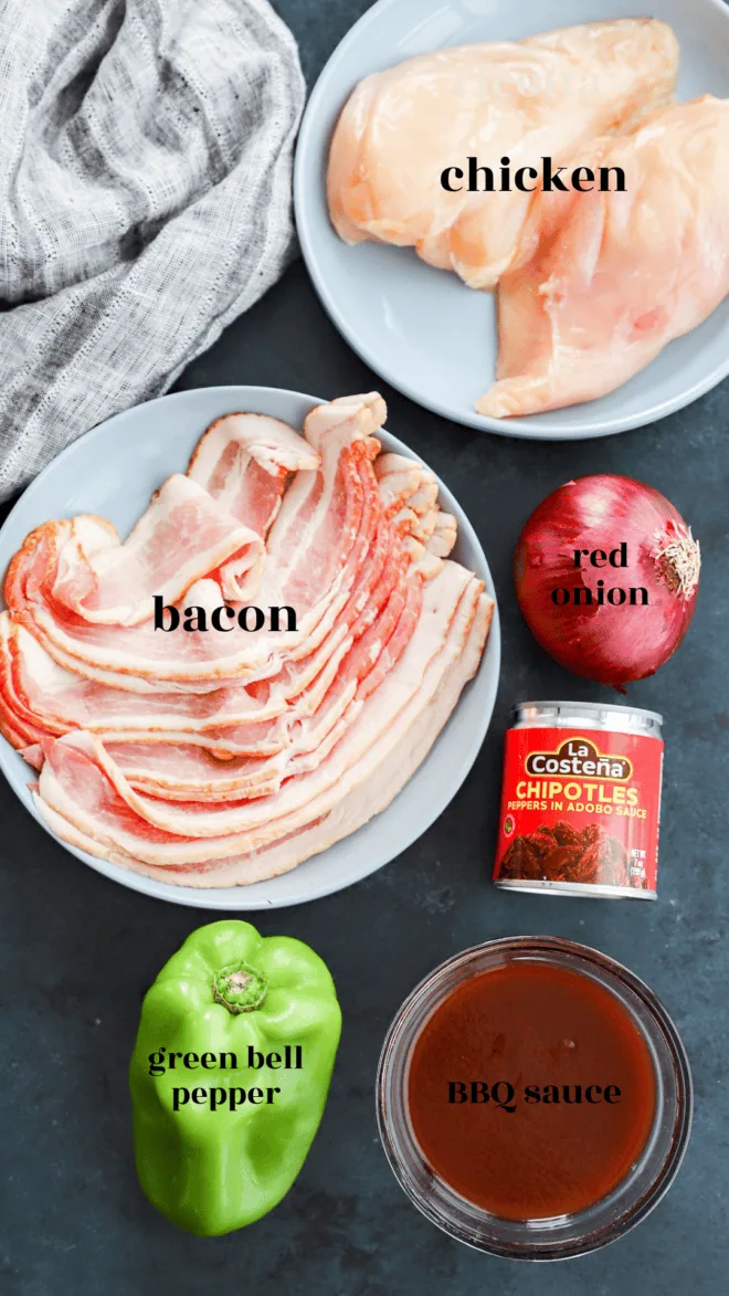 ingredients with text labels for grilled bbq chicken kabobs