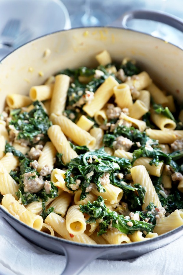 Creamy Sausage Kale Rigatoni Pasta | Cake 'n Knife