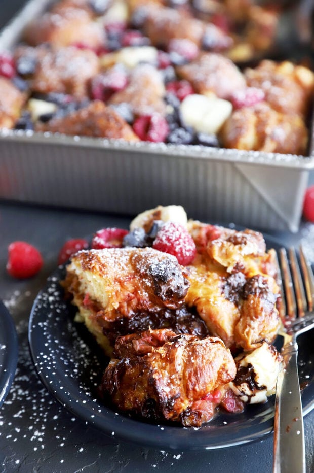 Raspberry Chocolate Croissant French Toast Bake | Cake 'n Knife