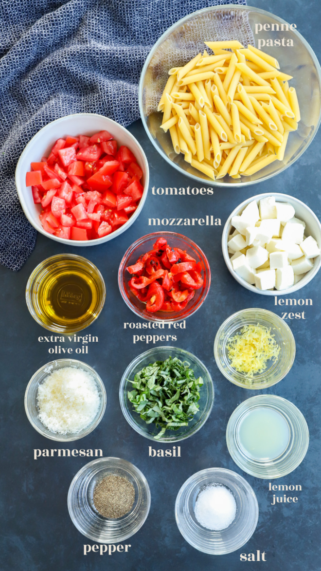summer lemon pasta salad ingredients image with text labels