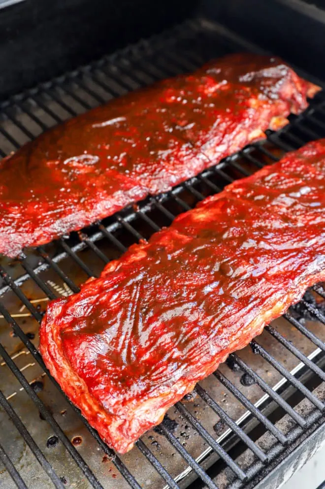 traeger pork ribs with BBQ sauce