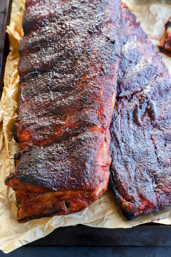 pork ribs made on the traeger with parchment paper