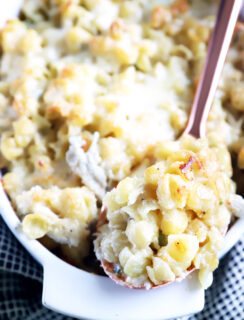 Jalapeño Chicken Havarti Mac and Cheese in a dish with serving spoon picture