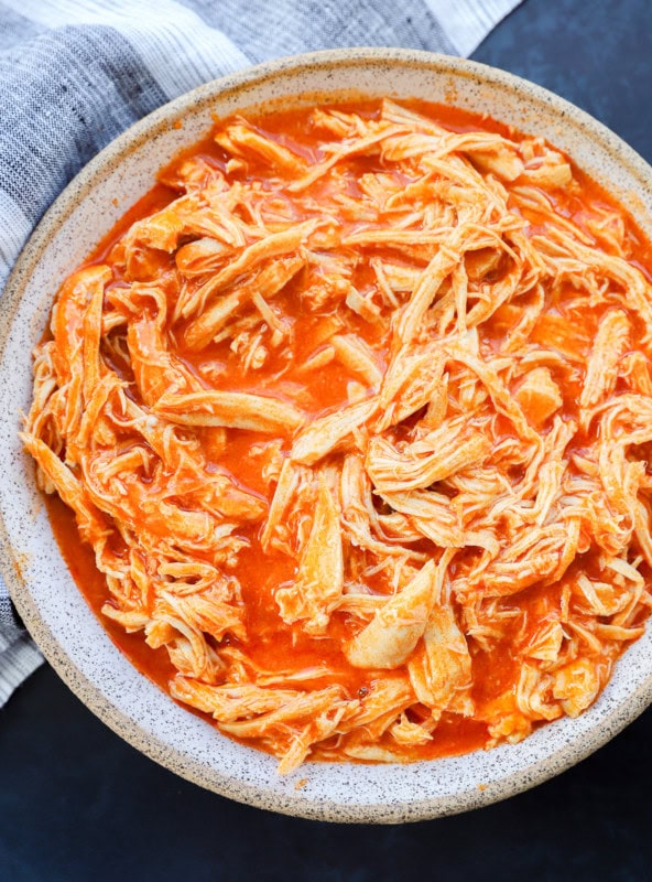 Instant Pot Buffalo Chicken in a bowl with napkin