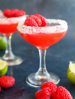 raspberry daiquiri in coupe glass with sugar rim