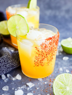 Passion fruit margaritas in rocks glasses