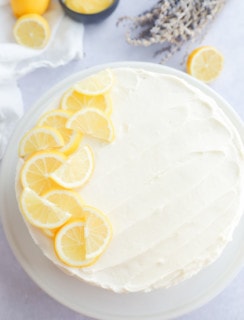 Cream cheese frosted cake with vanilla bean cake layers