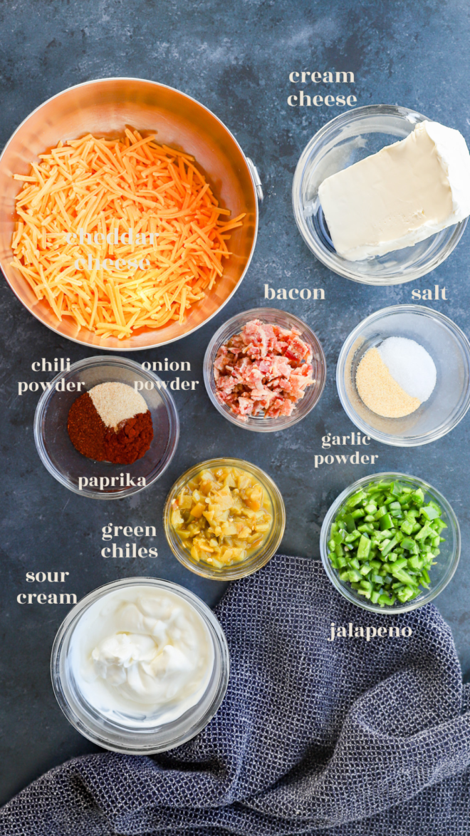 jalapeno popper dip ingredients image with text labels and ingredients in bowls
