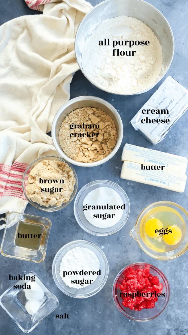 raspberry cheesecake cookies ingredients image with text labels
