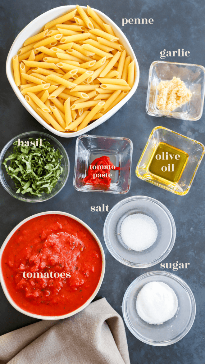 Penne pomodoro ingredients with text labels image