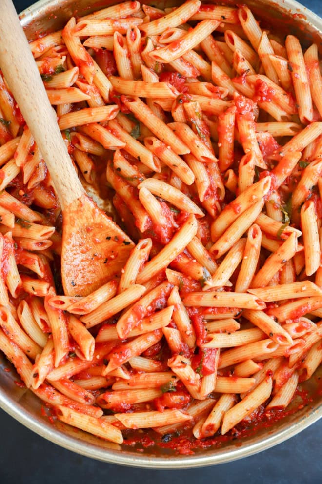 Fresh penne pomodoro pasta in a skillet