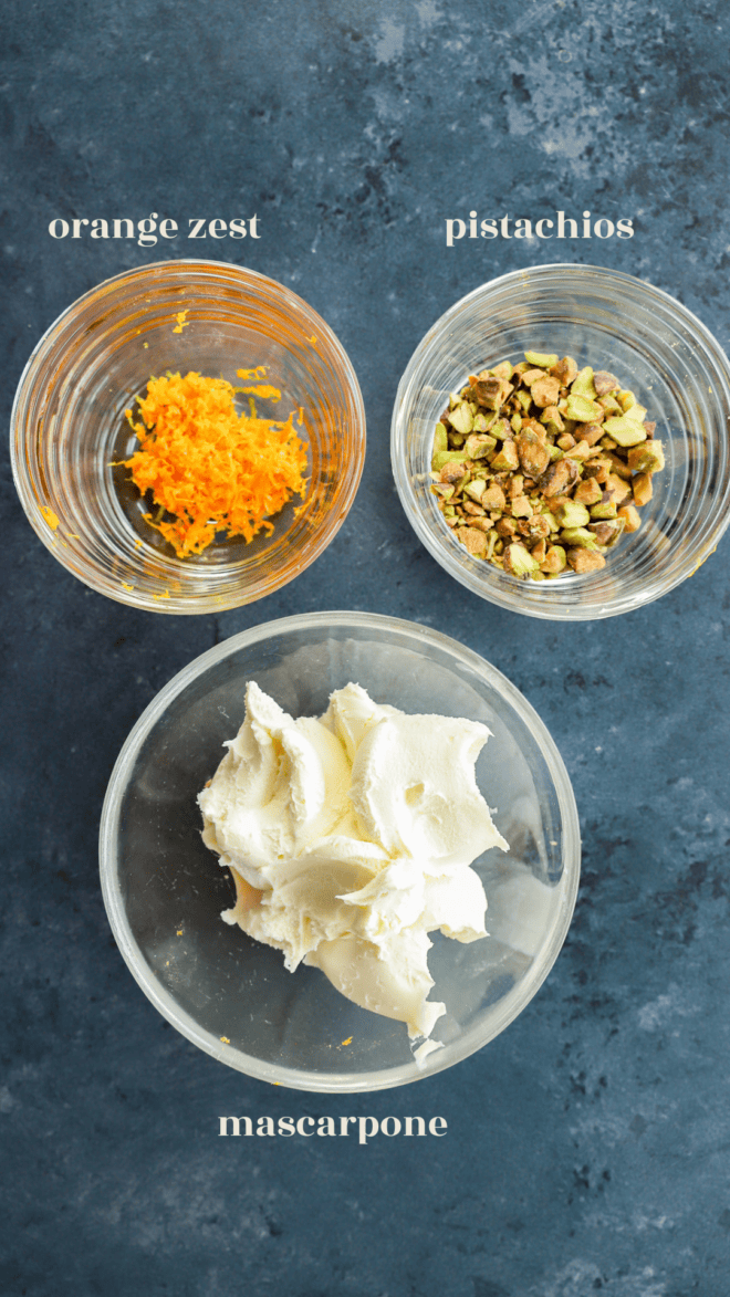 mascarpone orange zest and pistachios in bowls