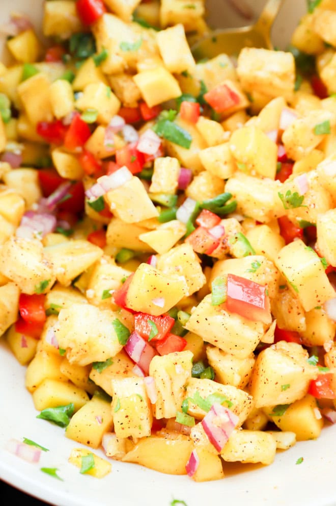 bowl of fruity appetizer with tortilla chips