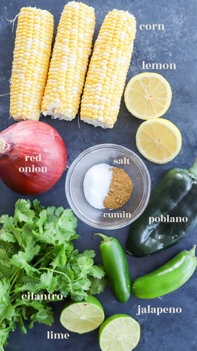 roasted chili corn salsa ingredients image with text