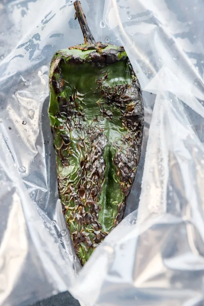 roasted charred poblano pepper in a plastic bag to steam