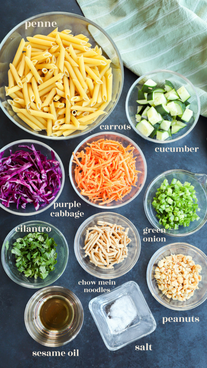 thai pasta salad ingredients in bowls with text labels