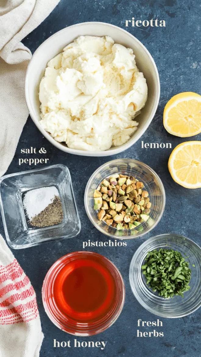 whipped ricotta ingredients and toppings with text labels on image