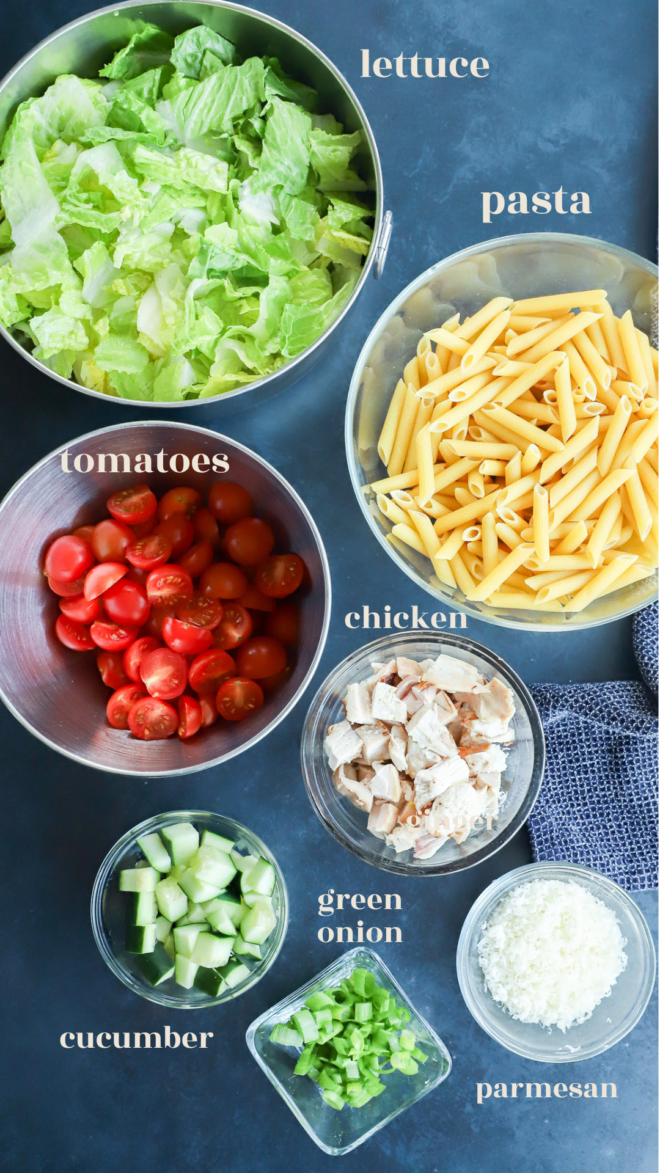 chicken caesar pasta salad ingredients in bowls with text labels