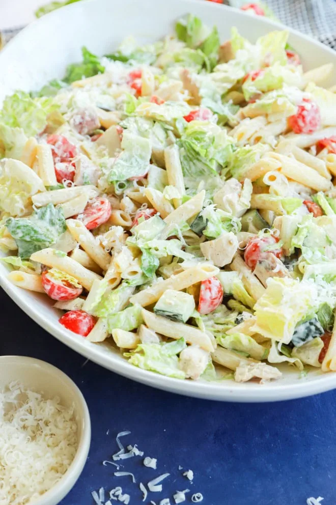 bowl of a healthy chicken caesar pasta salad