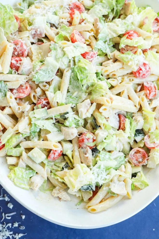 overhead image of easy chicken salad in a bowl with fresh vegetables