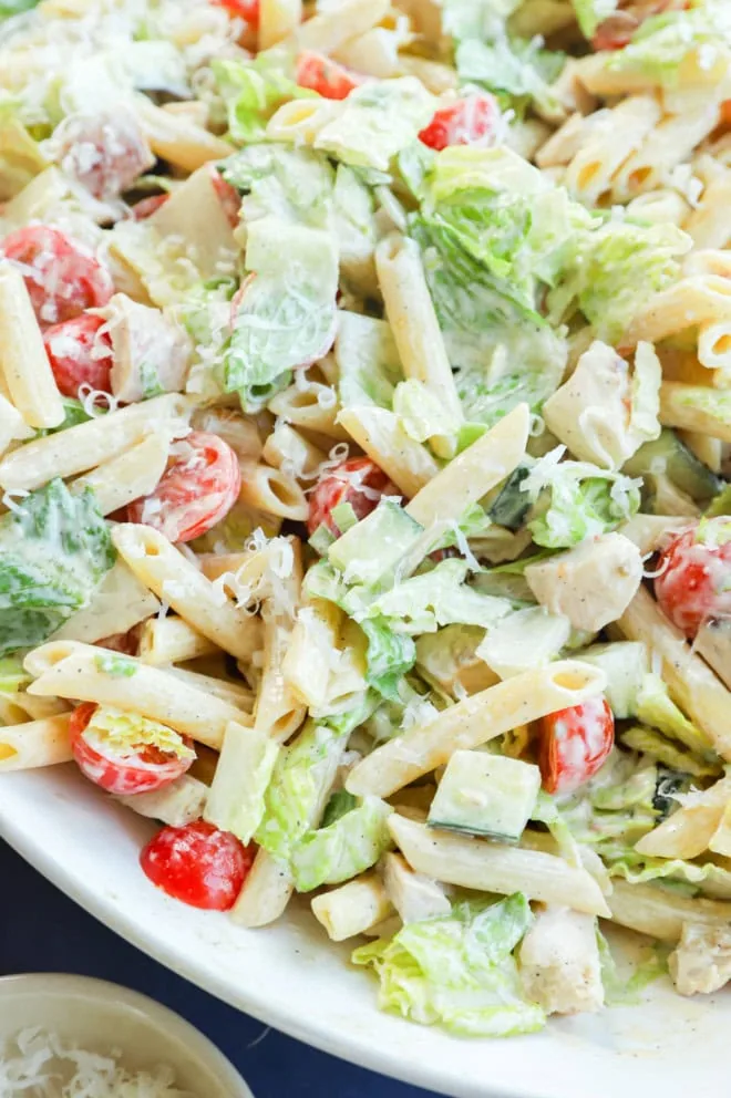 easy penne dish with fresh vegetables and protein