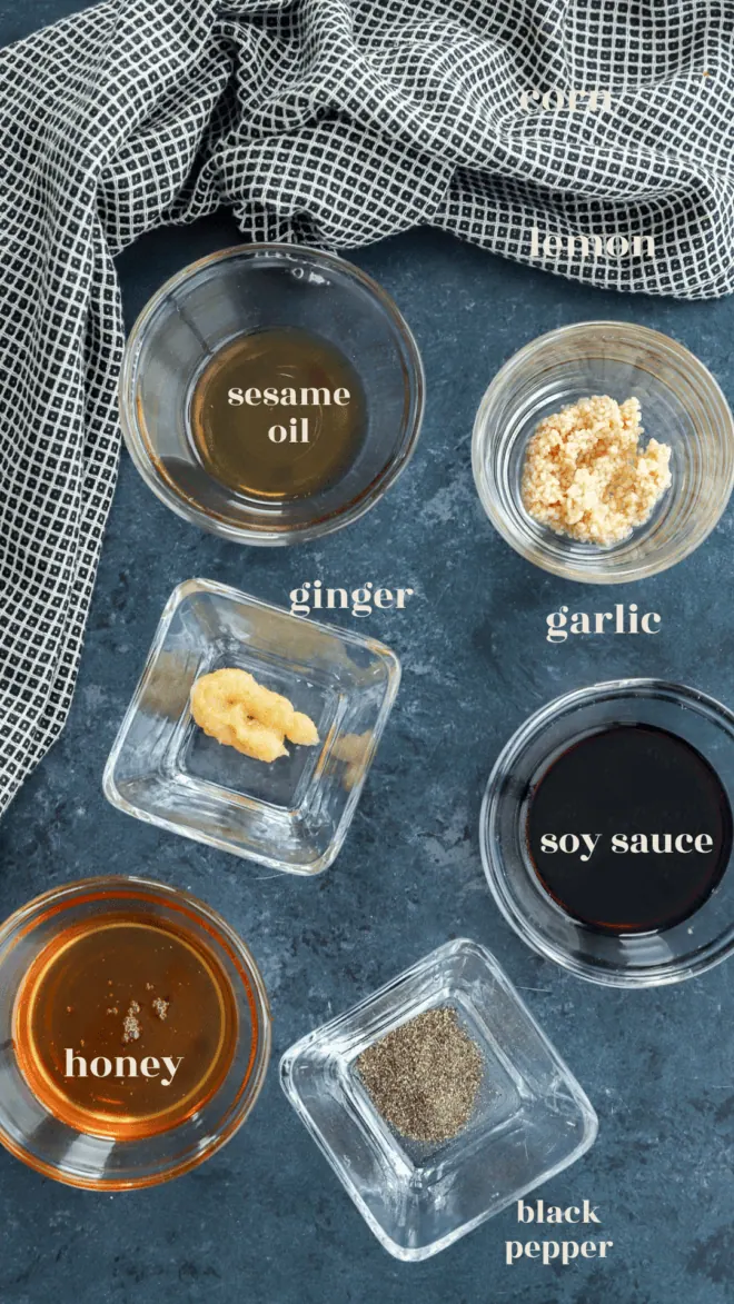 honey soy mariande ingredients image with bowls and text labels