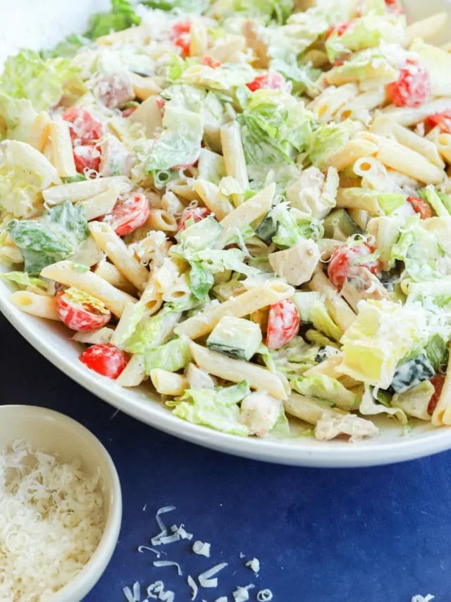 bowl of a healthy chicken caesar pasta salad