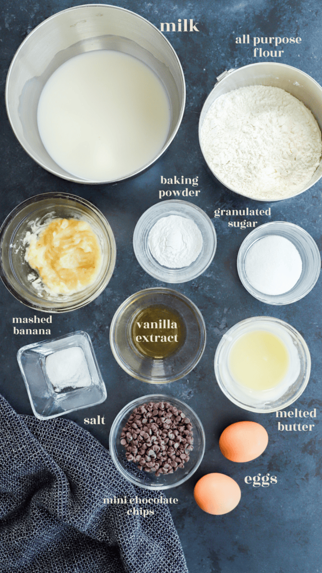 banana chocolate chip waffles ingredients image with text labels and in bowls