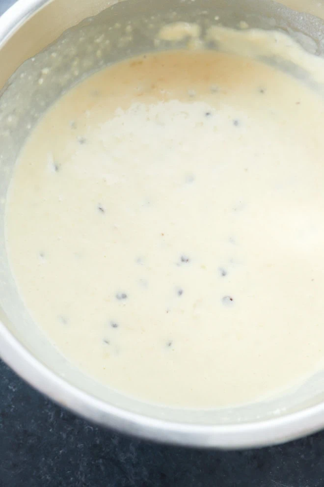 banana chocolate chip waffle batter in large mixing bowl