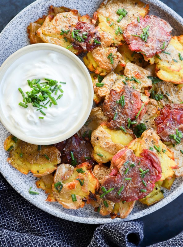 easy spud side side or appetizer on platter with sour cream