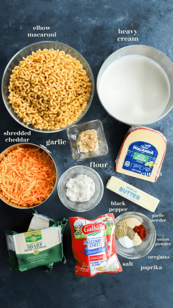 four cheese mac and cheese ingredients image in bowls with text labels