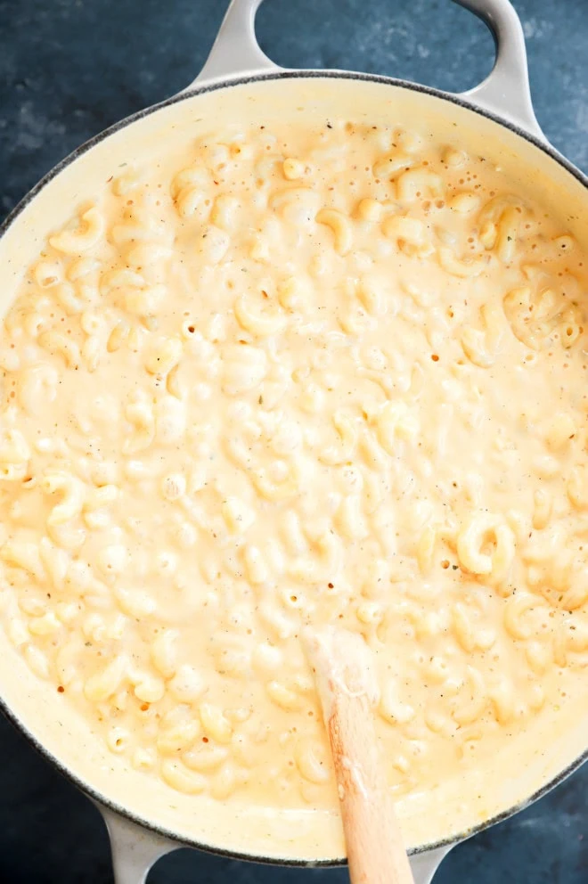 four cheese mac and cheese in large pot before baking